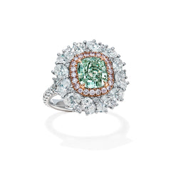 Cushion Cut Green Pink & White Diamond Ring (Fancy Green)