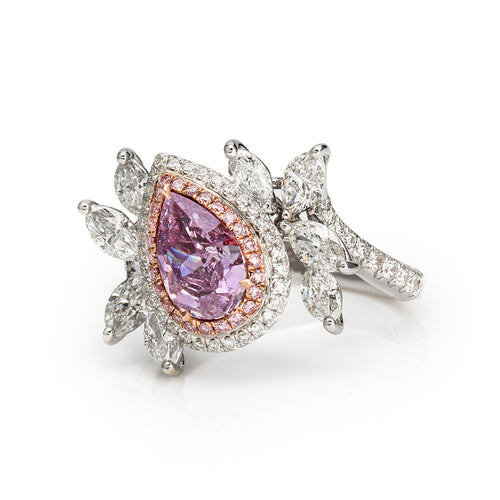 Pear Shape Pink & White Diamond Ring (Fancy Intense Pink-Purple)