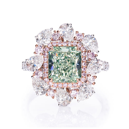 Radiant Cut Green Pink & White Diamond Ring (Light Yellowish Green)