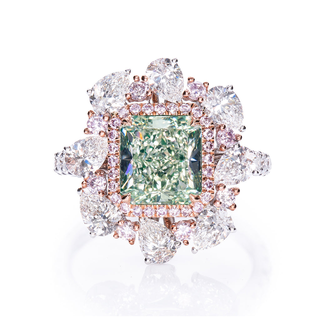Radiant Cut Green Pink & White Diamond Ring (Light Yellowish Green)